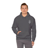 men heavy blend hooded sweatshirt in dark gray with front kangaroo pocket and chest embroidery design