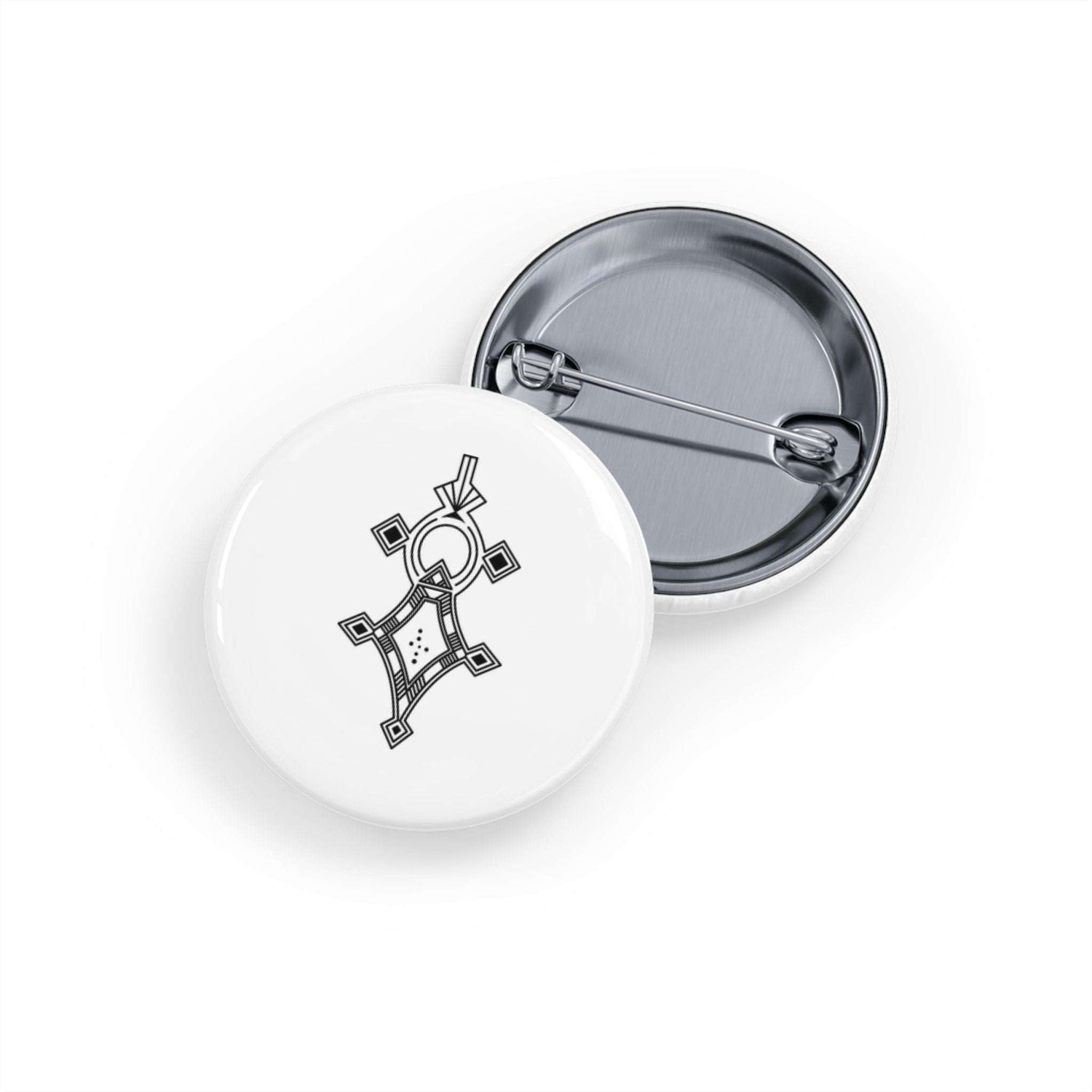 Round pins with steel inner shell, pinned magnetic backing, scratch-resistant glossy finish, and abstract design on white background.