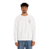 Men wearing white Heavy Blend™ Crewneck Sweatshirt with small chest embroidery and blue jeans on white background
