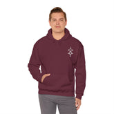 Men wearing maroon heavy blend hooded sweatshirt with front pocket and drawstring hood