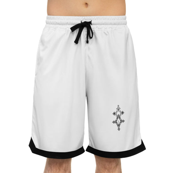 White basketball rib shorts with black detailing and graphic design, made of moisture-wicking polyester.