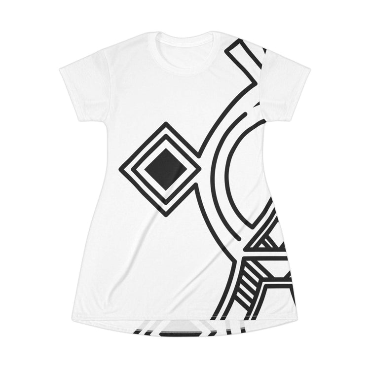 White T-shirt dress with black geometric print, tagless, lightweight polyester fabric, casual style