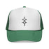 Green and white trucker cap with mesh back and adjustable snap closure, featuring stitched visor and simple logo design