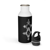 20oz stainless steel water bottle with black geometric design and wide-neck black cap