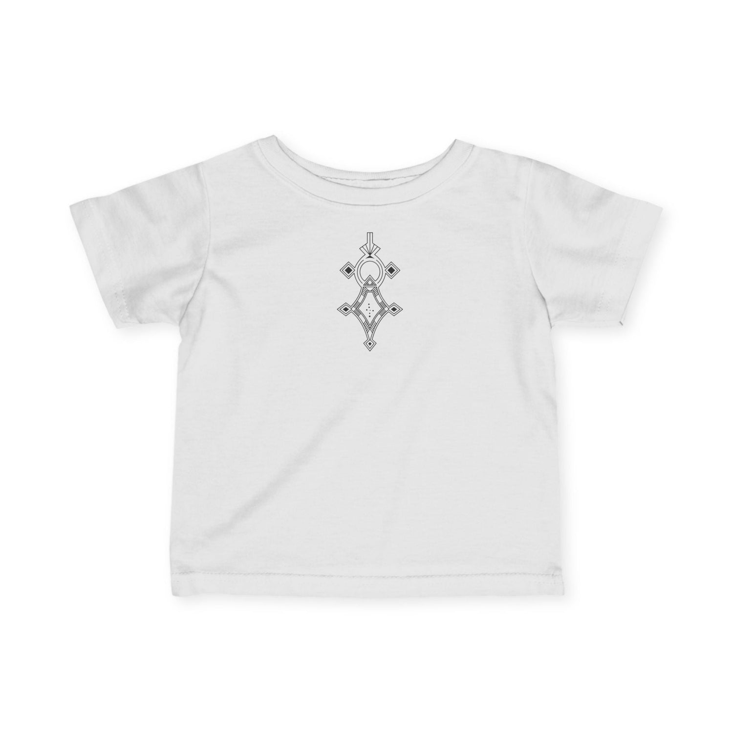 White infant fine jersey tee with geometric print, made of soft combed cotton, durable and comfortable for toddlers.
