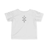 White infant fine jersey tee with geometric print, made of soft combed cotton, durable and comfortable for toddlers.