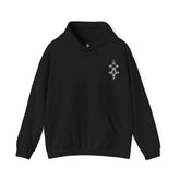 Black men’s Heavy Blend hooded sweatshirt with front kangaroo pocket and small chest embroidery design