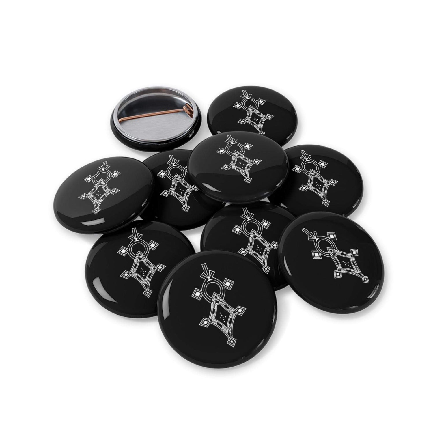 Set of glossy black round pins with silver geometric design, steel shell, and magnetic backing, scratch-resistant and UV protected