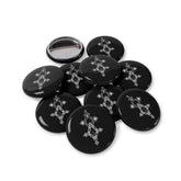 Set of glossy black round pins with silver geometric design, steel shell, and magnetic backing, scratch-resistant and UV protected