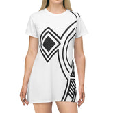 Woman wearing white all-over-print tagless T-Shirt Dress with black geometric design