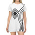 Woman wearing white all-over-print tagless T-Shirt Dress with black geometric design