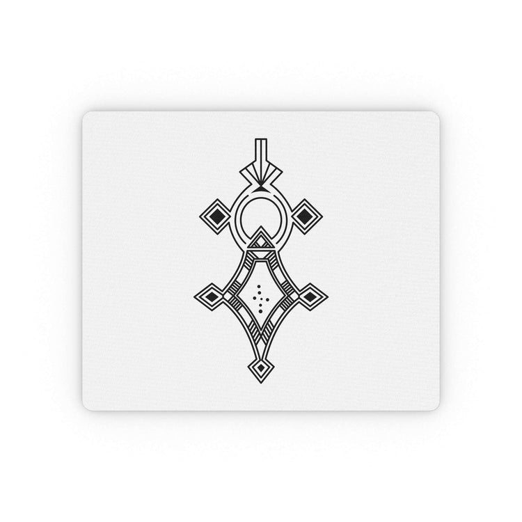 Rectangular mouse pad with custom black geometric design on white cloth surface and non-slip rubber backing