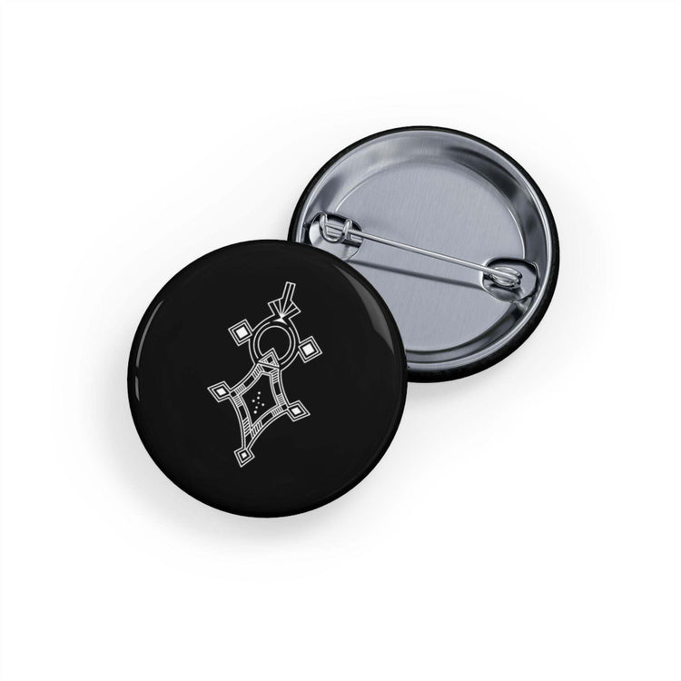 Set of black round pins with steel inner shell, magnetic metal backing, and glossy scratch-resistant mylar UV cover