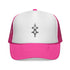 Pink and white trucker cap with adjustable snap closure and embroidered front design