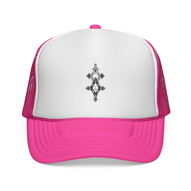 Pink and white trucker cap with adjustable snap closure and embroidered front design