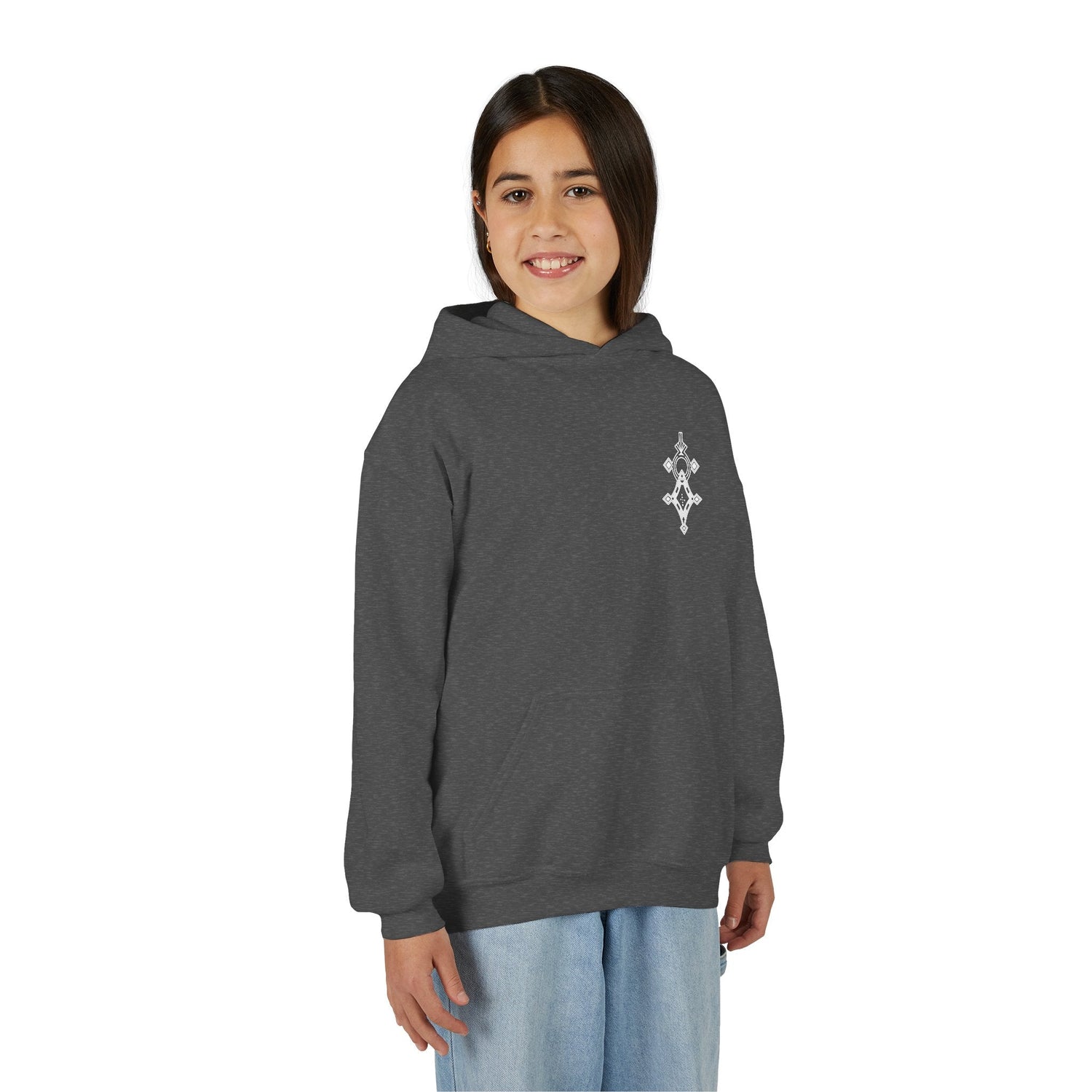 Girl wearing grey heavy blend hooded sweatshirt with white logo on chest and kangaroo pocket.