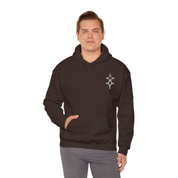Men wearing black heavy blend hooded sweatshirt with front kangaroo pocket and embroidered design.