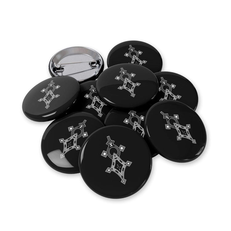 Black round pins with geometric silver design, steel shell, and magnetic metal backing, scratch-resistant glossy finish