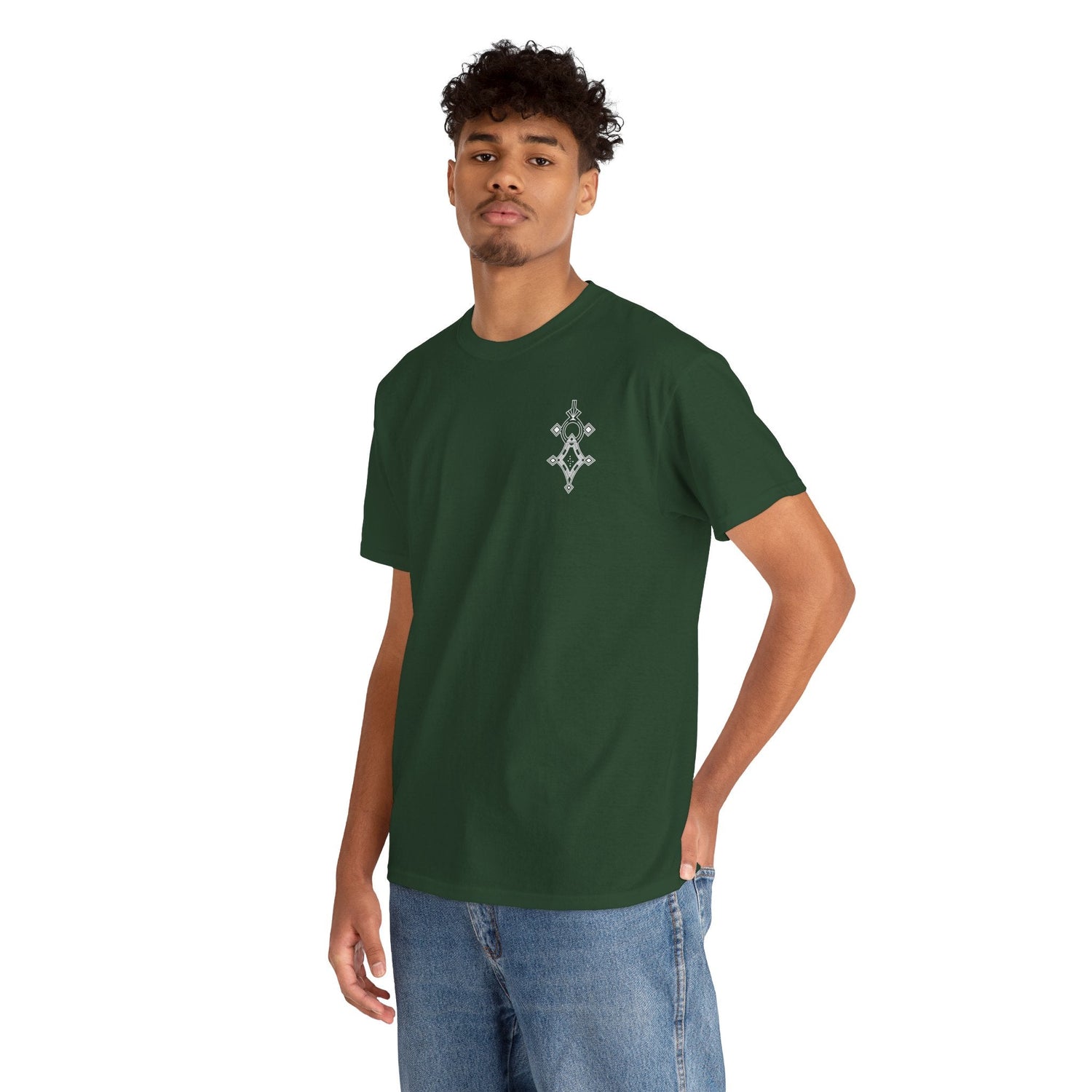 men wearing dark green heavy cotton tee with small chest design and blue jeans