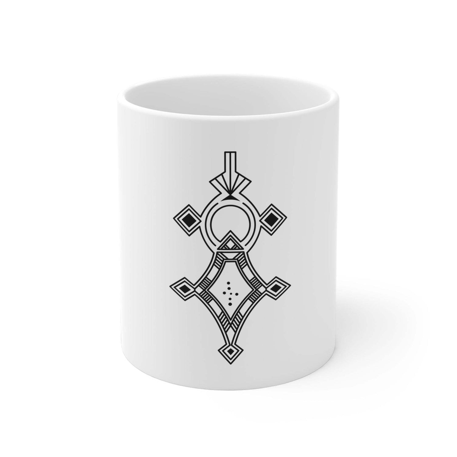 White ceramic mug with black geometric design and easy-grip handle, available in multiple sizes
