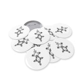 Tecre round pins with steel shell, magnetic backing, glossy scratch-resistant cover, available in multiple sizes