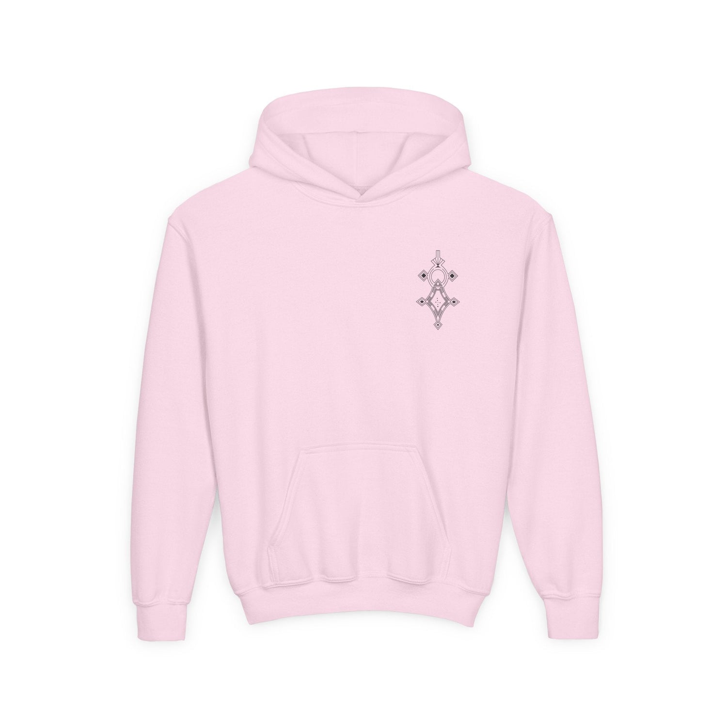 Girls heavy blend hooded sweatshirt in light pink with kangaroo pocket and small chest embroidery, made of soft 50% cotton 50% polyester fleece.