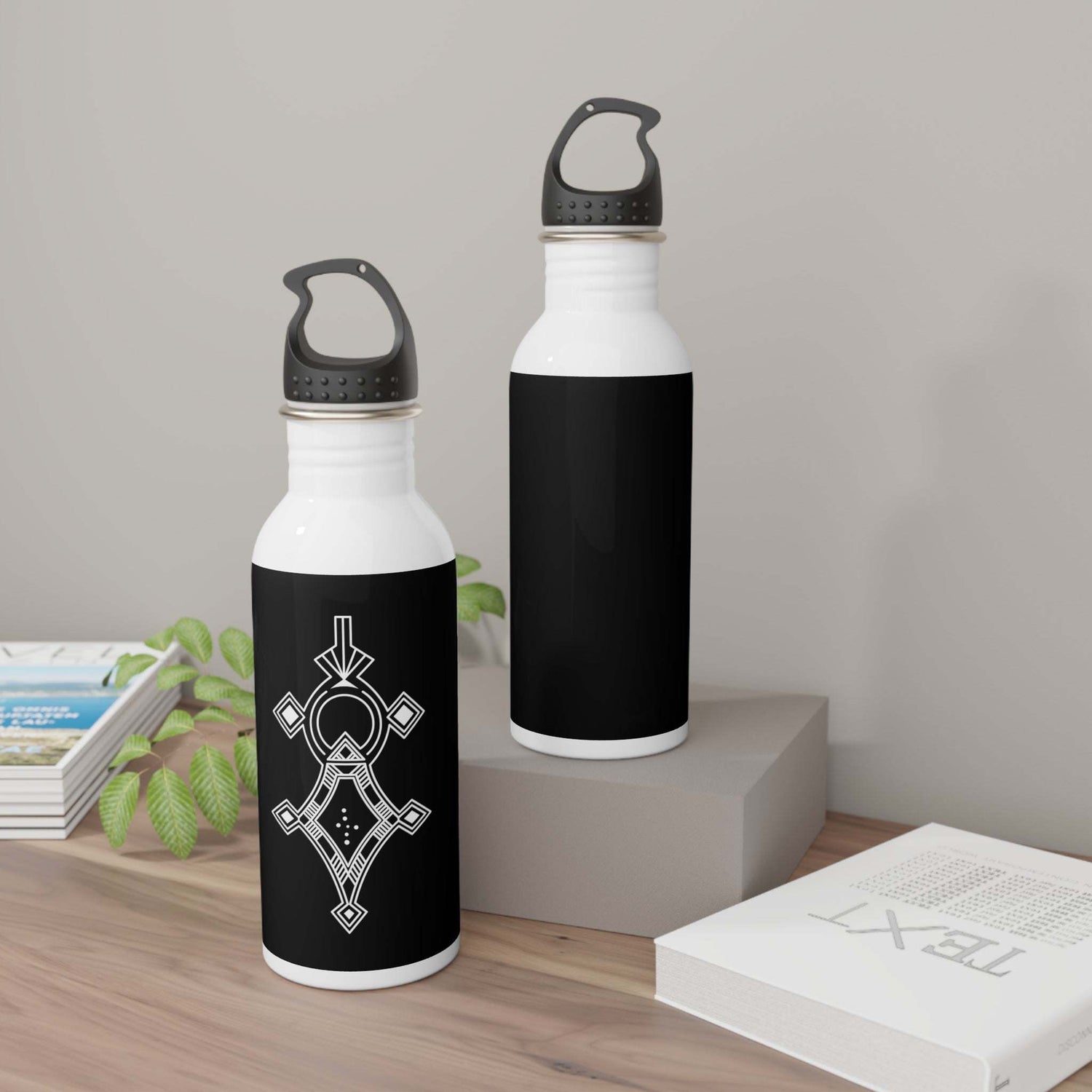 20oz stainless steel water bottle with black cap and geometric design, wide neck for easy sipping