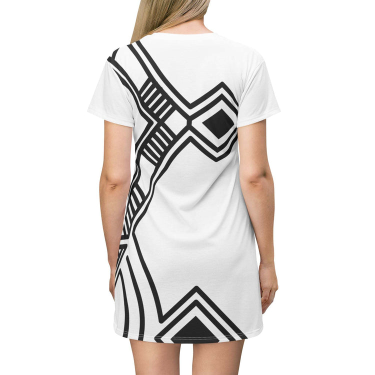 White all-over-print T-shirt dress with black geometric design on back made of lightweight polyester