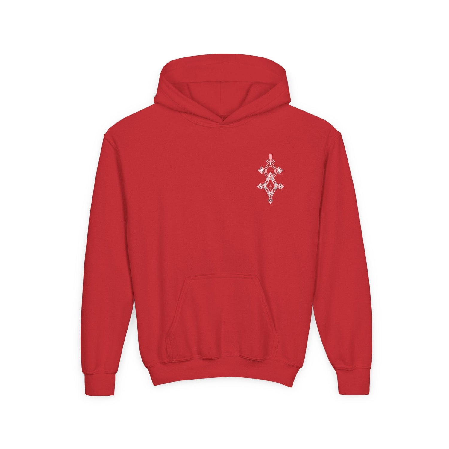 Girls heavy blend hooded sweatshirt in red with front kangaroo pocket and embroidered chest design