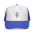 Blue and white trucker cap with black geometric design and mesh back