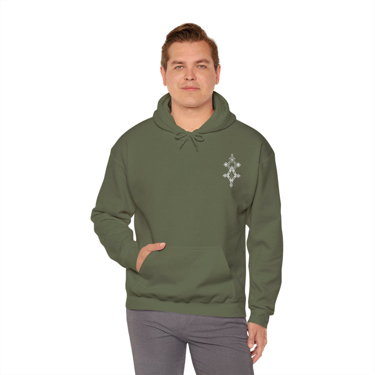 Men wearing olive green Heavy Blend Hooded Sweatshirt with kangaroo pocket and subtle chest embroidery