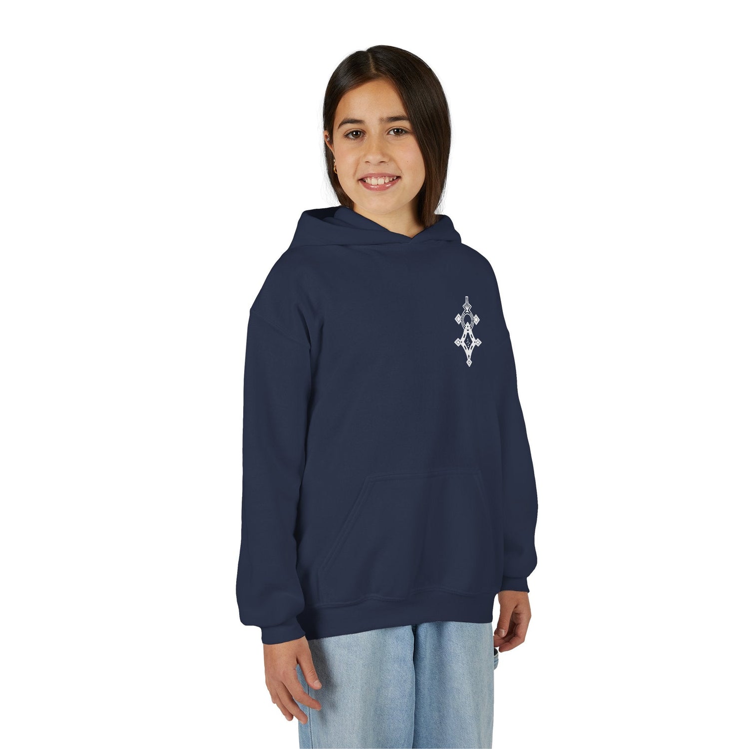 Girl wearing navy blue heavy blend hooded sweatshirt with kangaroo pocket and small chest embroidery