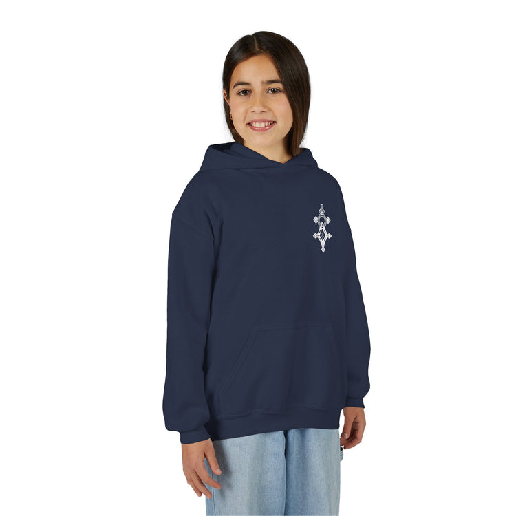 Girl wearing navy blue heavy blend hooded sweatshirt with kangaroo pocket and small chest embroidery