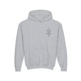 Girls heavy blend hooded sweatshirt in grey with kangaroo pocket and embroidered chest design