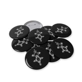Round pins with black glossy finish, steel inner shell, and magnetic metal backing in various sizes