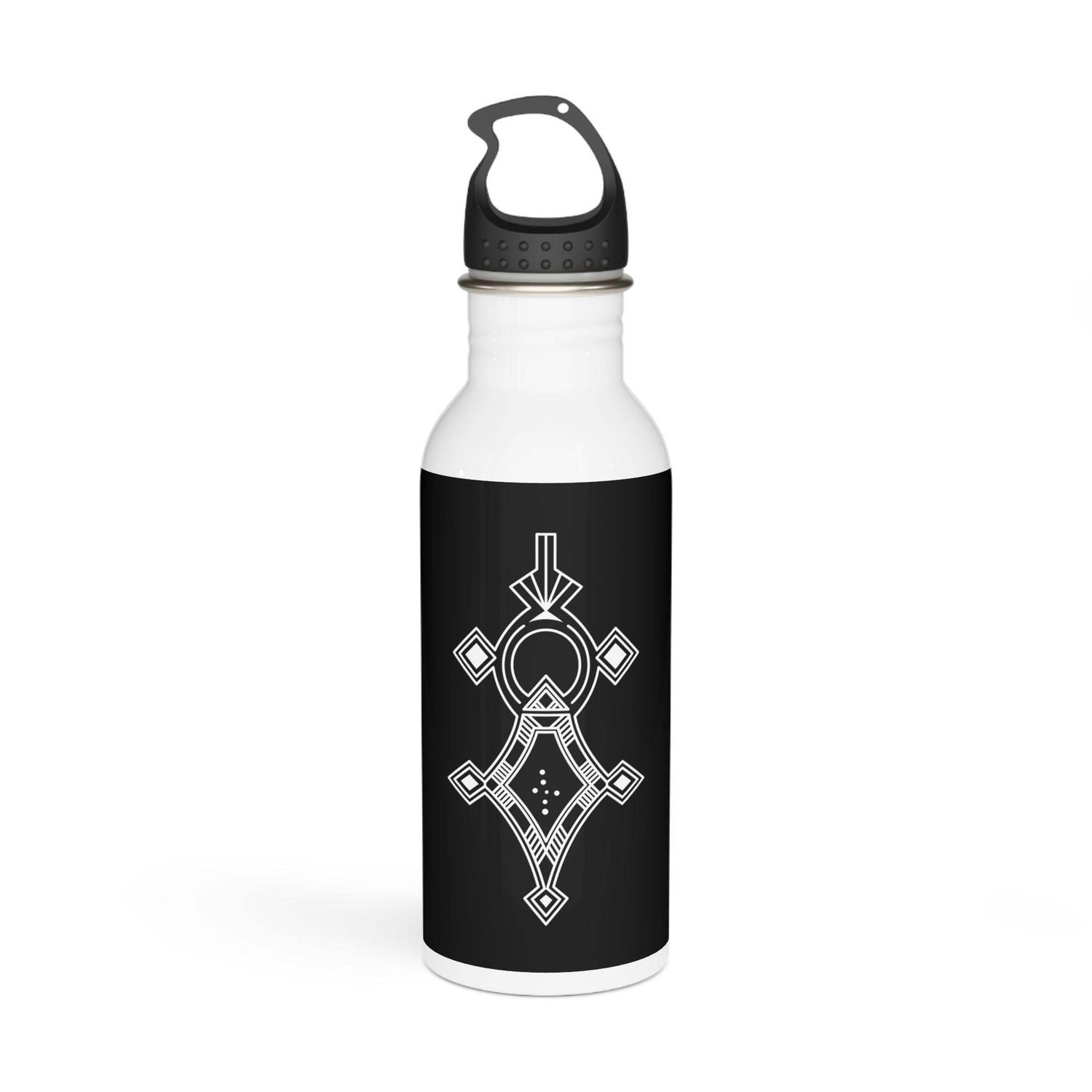 20oz stainless steel water bottle with black cap and geometric design, wide neck for easy sipping