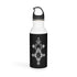 20oz stainless steel water bottle with black cap and geometric design, wide neck for easy sipping