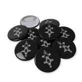 Black round pins with white geometric design, steel inner shell and magnetic metal backing, scratch-resistant glossy finish, multiple sizes available