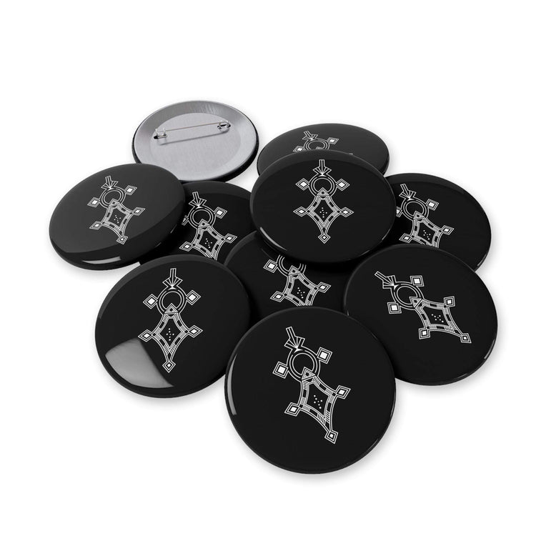Black round pins with white geometric design, steel inner shell and magnetic metal backing, scratch-resistant glossy finish, multiple sizes available
