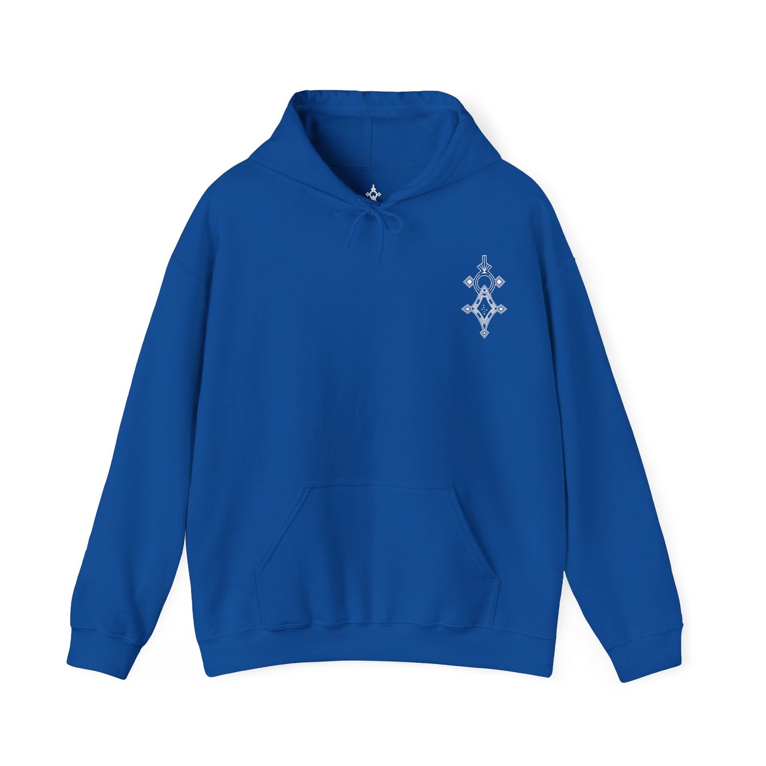 Blue men’s heavy blend hooded sweatshirt with front kangaroo pocket and embroidered chest design