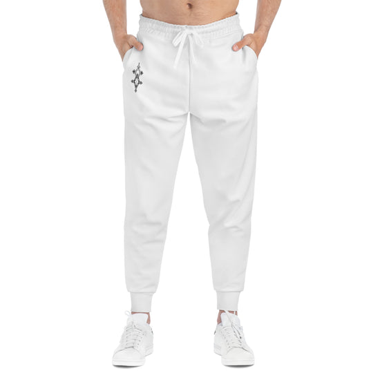 Men athletic joggers in white with ankle cuffs and white drawstring front view