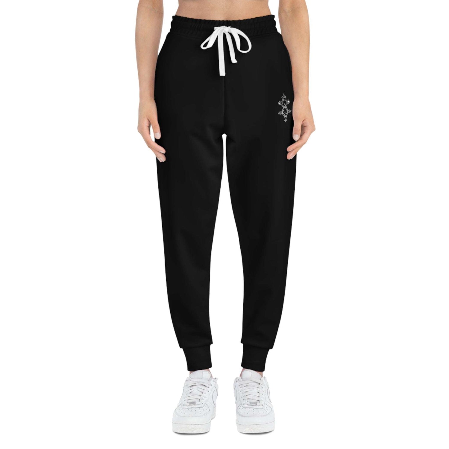Black women athletic joggers with white drawstring and cuffed ankles, styled for workouts and lounging