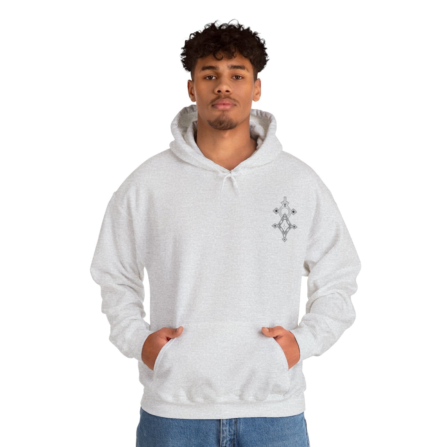 Men wearing white heavy blend hooded sweatshirt with kangaroo pocket and subtle chest embroidery