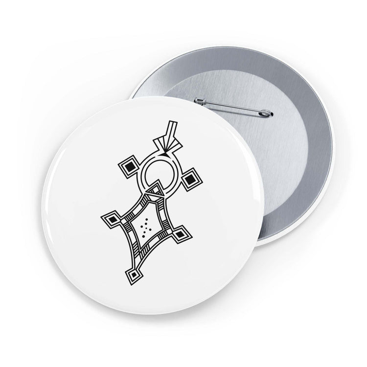 Round Pins with geometric design, steel inner shell, magnetic metal backing, and glossy scratch-resistant mylar/UV cover.