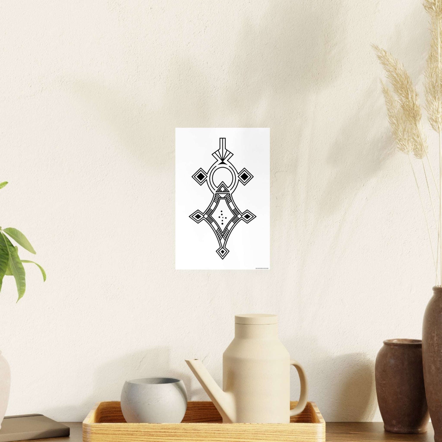 Photo Art Paper Poster with geometric black and white design on premium 210gsm satin finish paper displayed on beige wall with decorative vases and plants nearby