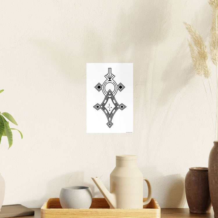 Photo Art Paper Poster with geometric black and white design on premium 210gsm satin finish paper displayed on beige wall with decorative vases and plants nearby