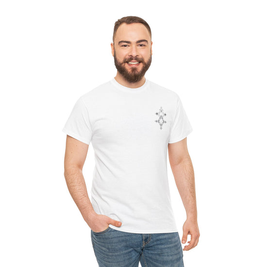 man wearing plain white heavy cotton tee with small chest graphic and blue jeans