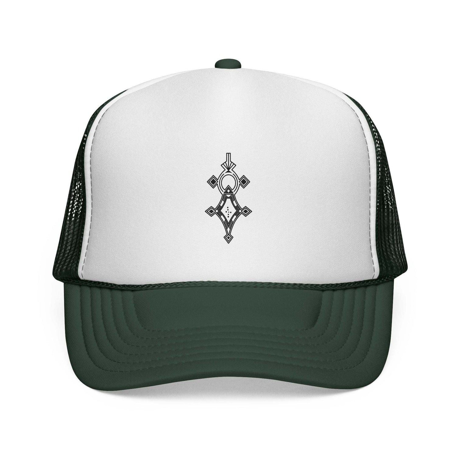 Black and white trucker cap with adjustable snap closure and embroidered design on front panel