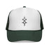 Black and white trucker cap with adjustable snap closure and embroidered design on front panel