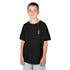 Boy wearing a black Boys Heavy Cotton™ Tee with a crew neckline and short sleeves
